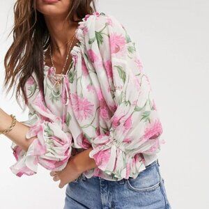 NWT TopShop | Pink Dahlia Floral Bardot Gypsy Top Romantic Coquette | Size 2